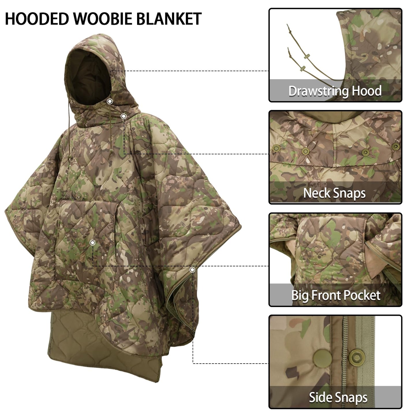 Tongcamo Poncho Liner Hoodie with Pocket Insulated Military Sleeping Bag Water Resistant for Outdoor Camping Travel Survival Hunting Car Emergency
