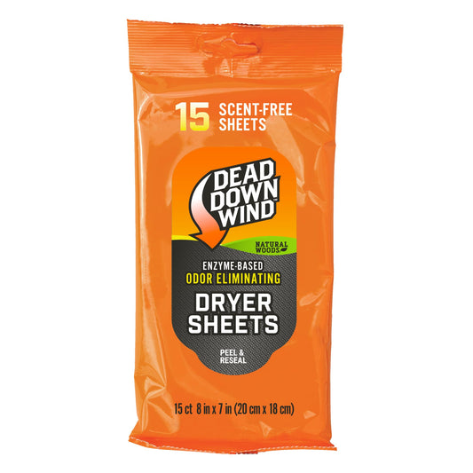 DEAD DOWN WIND Natural Woods Scented Odor Eliminating Dryer Sheets (15Ct) - Hunting Scent Control - Durable Hunting Scent Eliminators - Advanced Hunting Laundry Gear