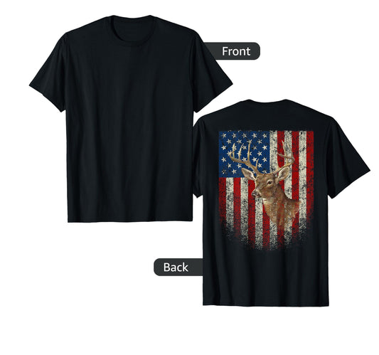American Flag (Print on the Back) Deer Antlers Hunting T-Shirt