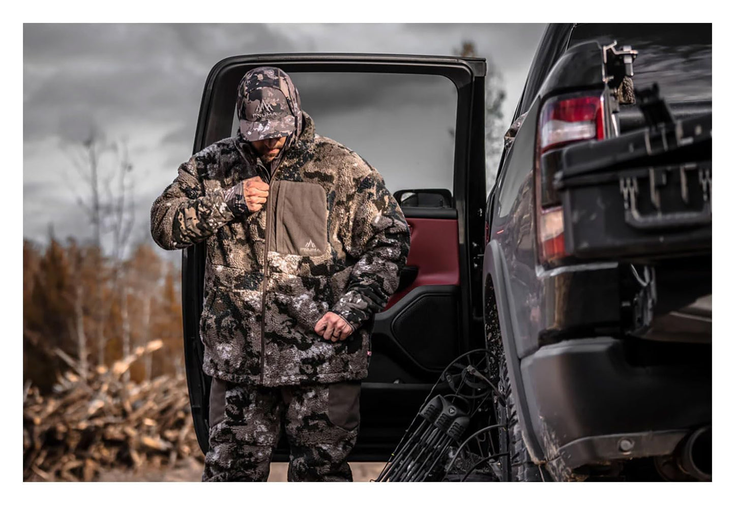 Pnuma Outdoors Highpoint Jacket, Caza Camo, Berber Fleece, Wind Block, Polygiene OdorCrunch, DWR Finish (HP-JK-OV)