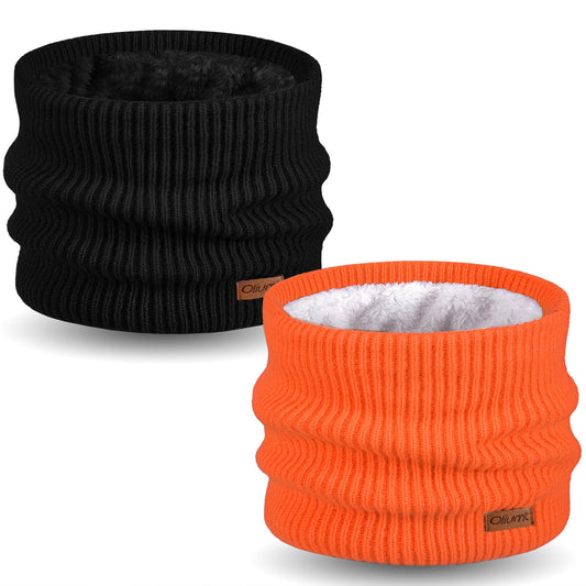 Kids Neck Warmer Winter Neck Gaiters Knitted Infinity Scarf for Boys Girls Fleece Lined Ski Mask for Cold Weather (Black, Orange)