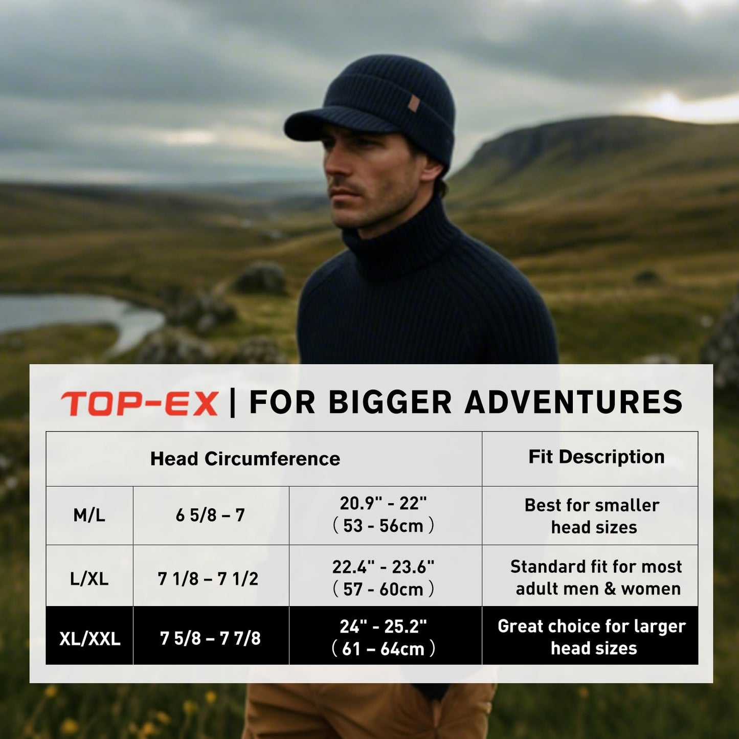 TOP-EX Waterproof Visor Beanie Hat for Men Women Winter Knit Cap with Brim, Merino Wool Fleece Lined Waterproof Headwear for Cold Weather Oversize X-Large Big Head Black XL/XXL