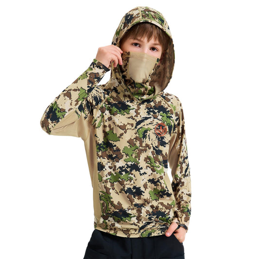 BASSDASH Youth UPF 50+ Camo Hunting Hoodie Shirt with Neck Gaiter Quick Dry Long Sleeve Hooded Tee for Fishing Hiking FS02Y