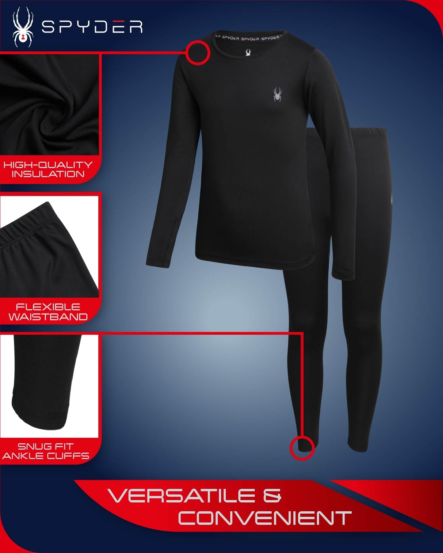Spyder Kids Thermal Underwear Set - 2 Piece Moisture Wicking Insulated Base Layer - Breathable Long Johns for Boys and Girls, Size 12-14, Black