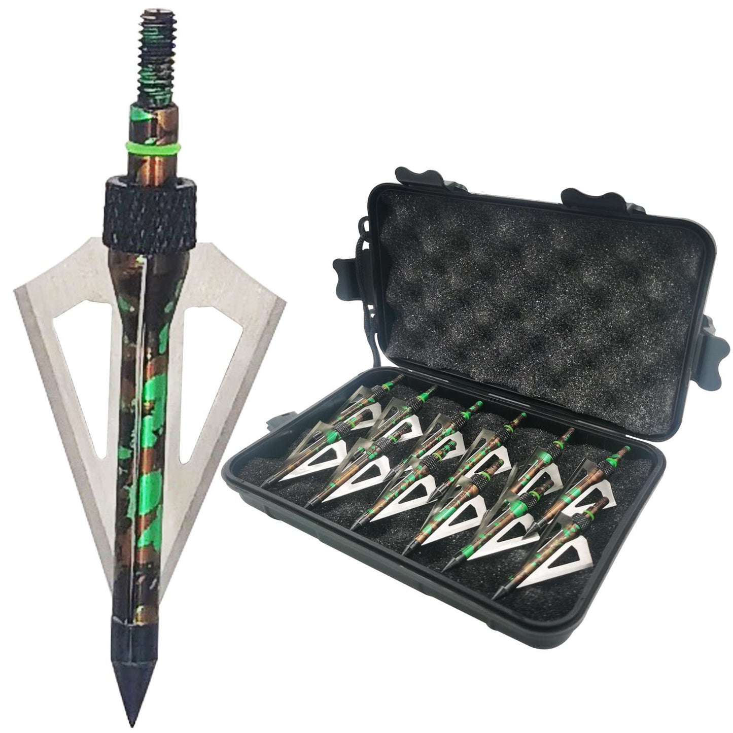 LeeMui Hunting Broadheads 12PK 100 Grains Screw-in Arrow Archery 3 Blades Hunting Heads Arrow Tips Compatible with Crossbow and Compound Bow + 1 PK Broadhead Storage Case (Camouflage Emerald-12Set)
