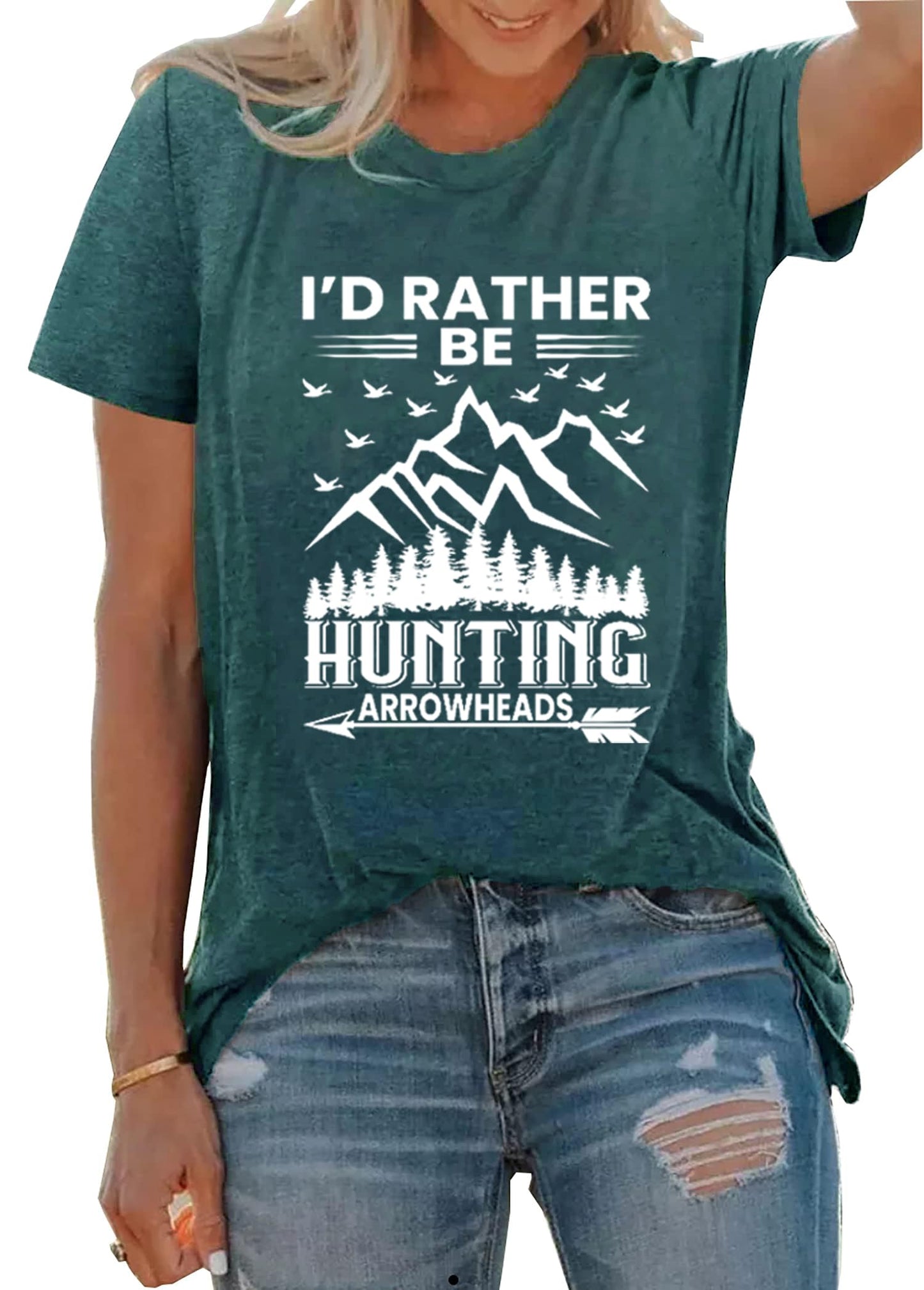 I'd Rather be Hunting Women Hiking Shirts Summer Muscle Athletic Tops Funny Loose Letter Printed Tees, Green S
