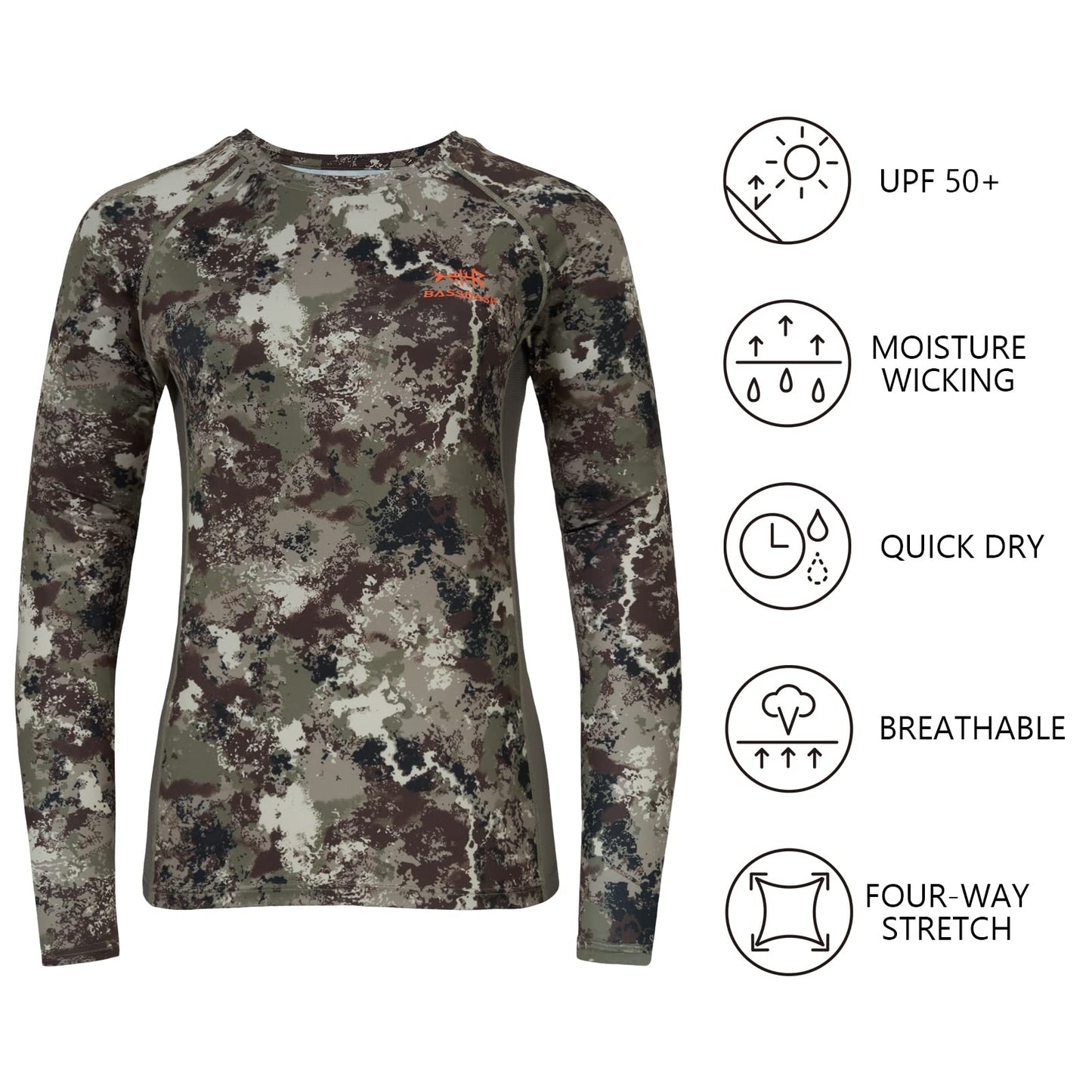 BASSDASH Women’s Camo Hunting Shirt Long Sleeve UPF 50+ Sun Protection Performance Tee Fishing Hiking