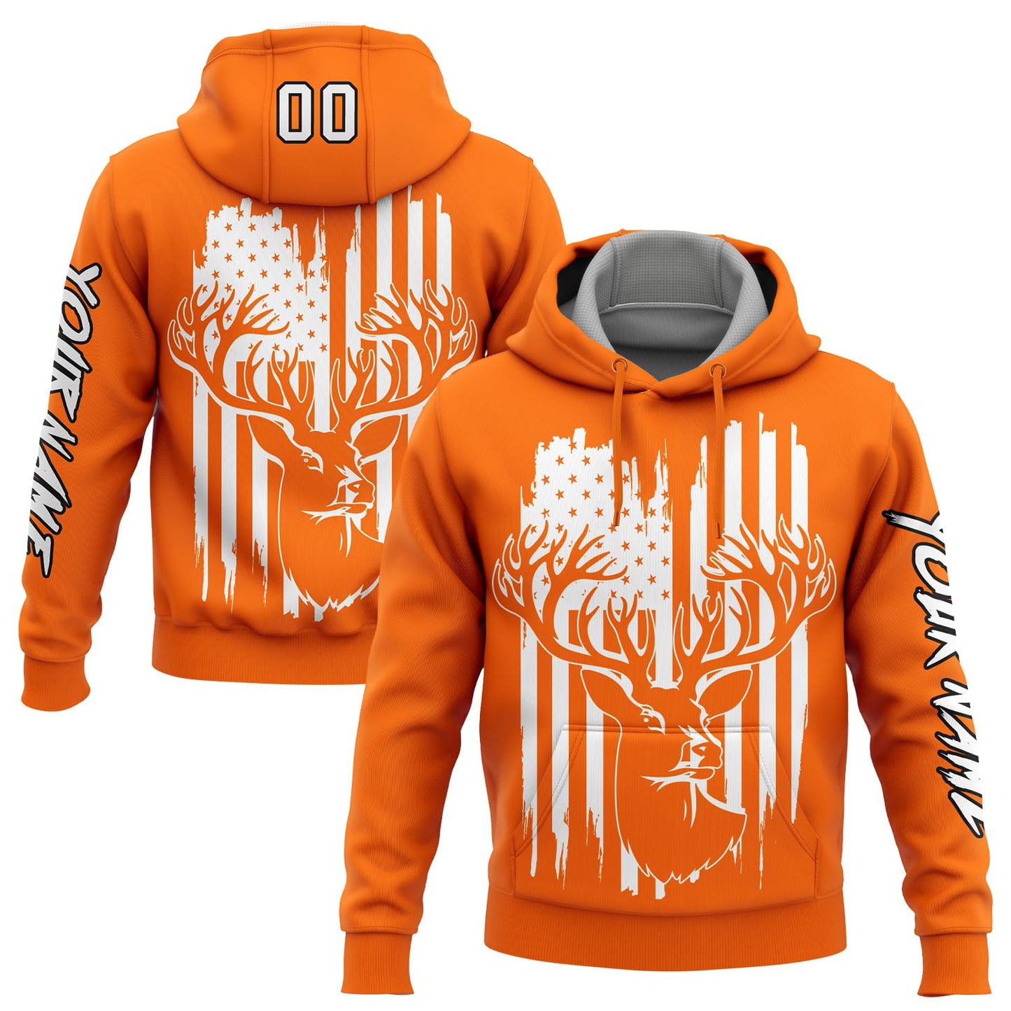 Custom Hunter Orange Hoodie Deer Hunting Sweatshirt Patriotic USA Flag Personalized Sports Baseball Pullover Hoodie Printed Name Number Logo for Men Women Outdoor Camping Hunting Wear