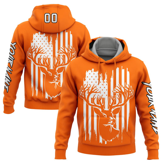 Custom Hunter Orange Hoodie Deer Hunting Sweatshirt Patriotic USA Flag Personalized Sports Baseball Pullover Hoodie Printed Name Number Logo for Men Women Outdoor Camping Hunting Wear