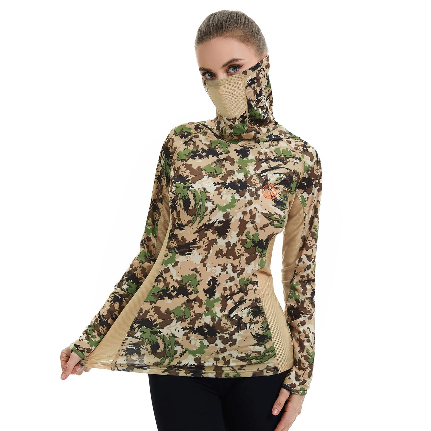 BASSDASH Women's UPF 50+ Camo Hunting Hoodie with Neck Gaiter Breathable Performance Long Sleeve Fishing Hooded Tee FS03W