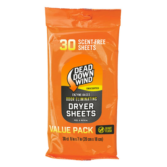 DEAD DOWN WIND Scent Killing Dryer Sheets (30Ct) – Odor Removing Sheet – Durable Hunting Scent Eliminators – Advanced Hunting Laundry Gear