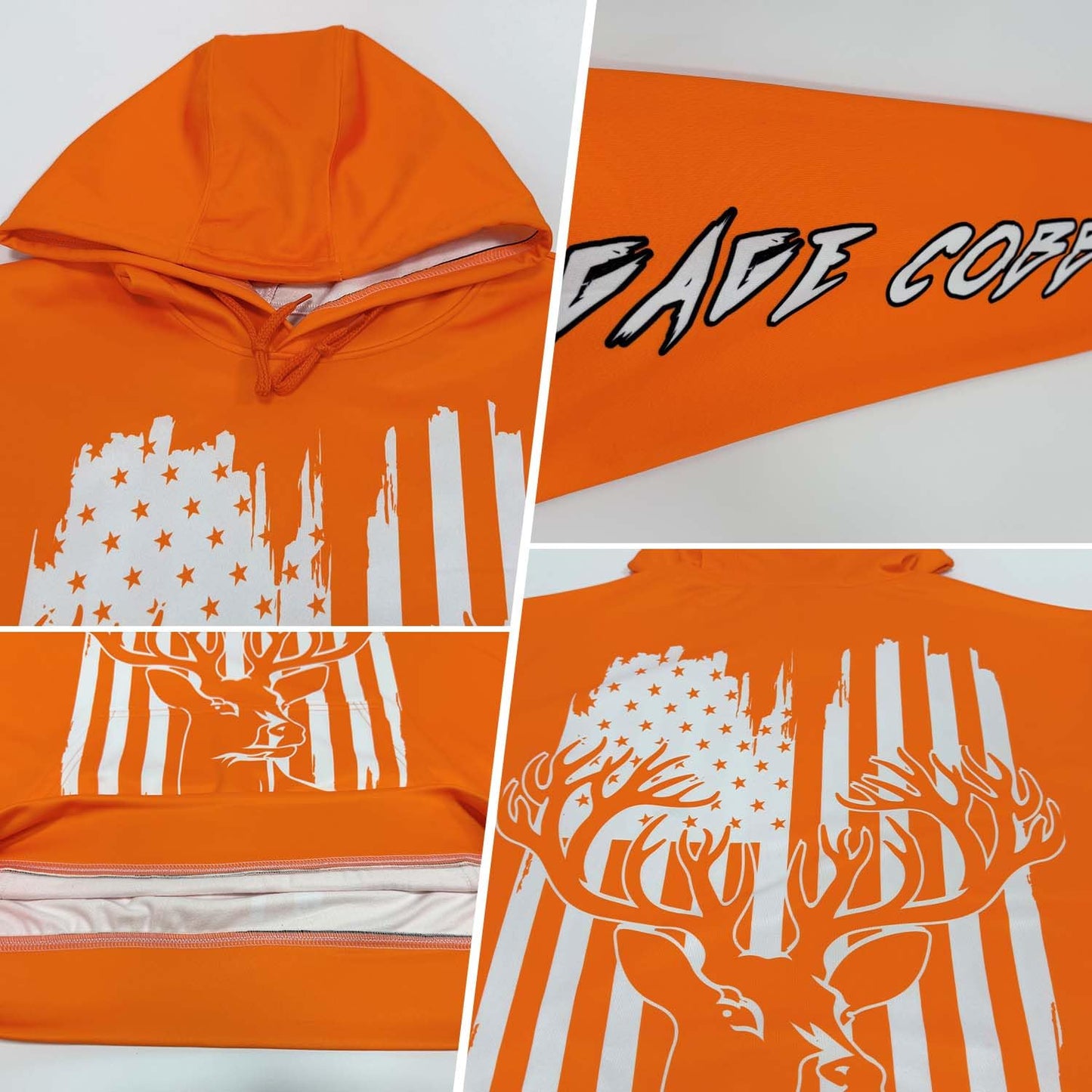 Custom Hunter Orange Hoodie Deer Hunting Sweatshirt Patriotic USA Flag Personalized Sports Baseball Pullover Hoodie Printed Name Number Logo for Men Women Outdoor Camping Hunting Wear