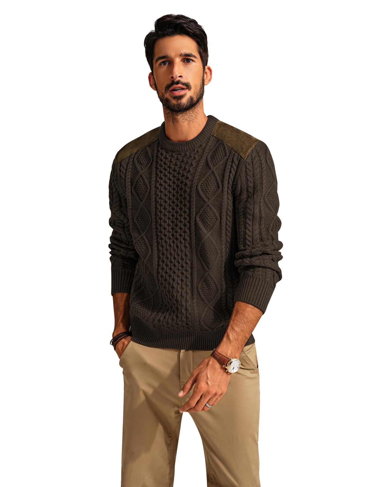 Men Military Commando Sweater Long Sleeve Crewneck Cable Knitted Pullover Sweater with Suede Patch on Shoulders Coffee L