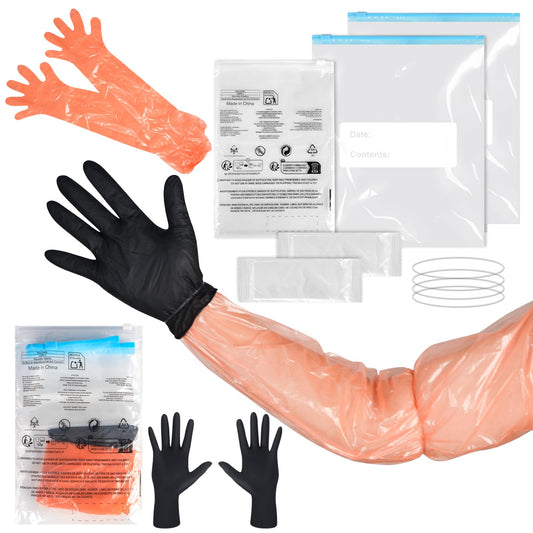 Field Dressing Gloves Kit, 10 Sets Disposable Hunting Deer Gutting Cleaning Gloves, Shoulder-Length Disposable Glove & Nitrile Glove Combo & Rubber Bands for Deer Gutting Hunting Cleaning Accessories