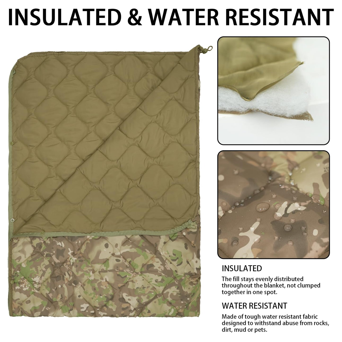 Tongcamo Poncho Liner Hoodie with Pocket Insulated Military Sleeping Bag Water Resistant for Outdoor Camping Travel Survival Hunting Car Emergency