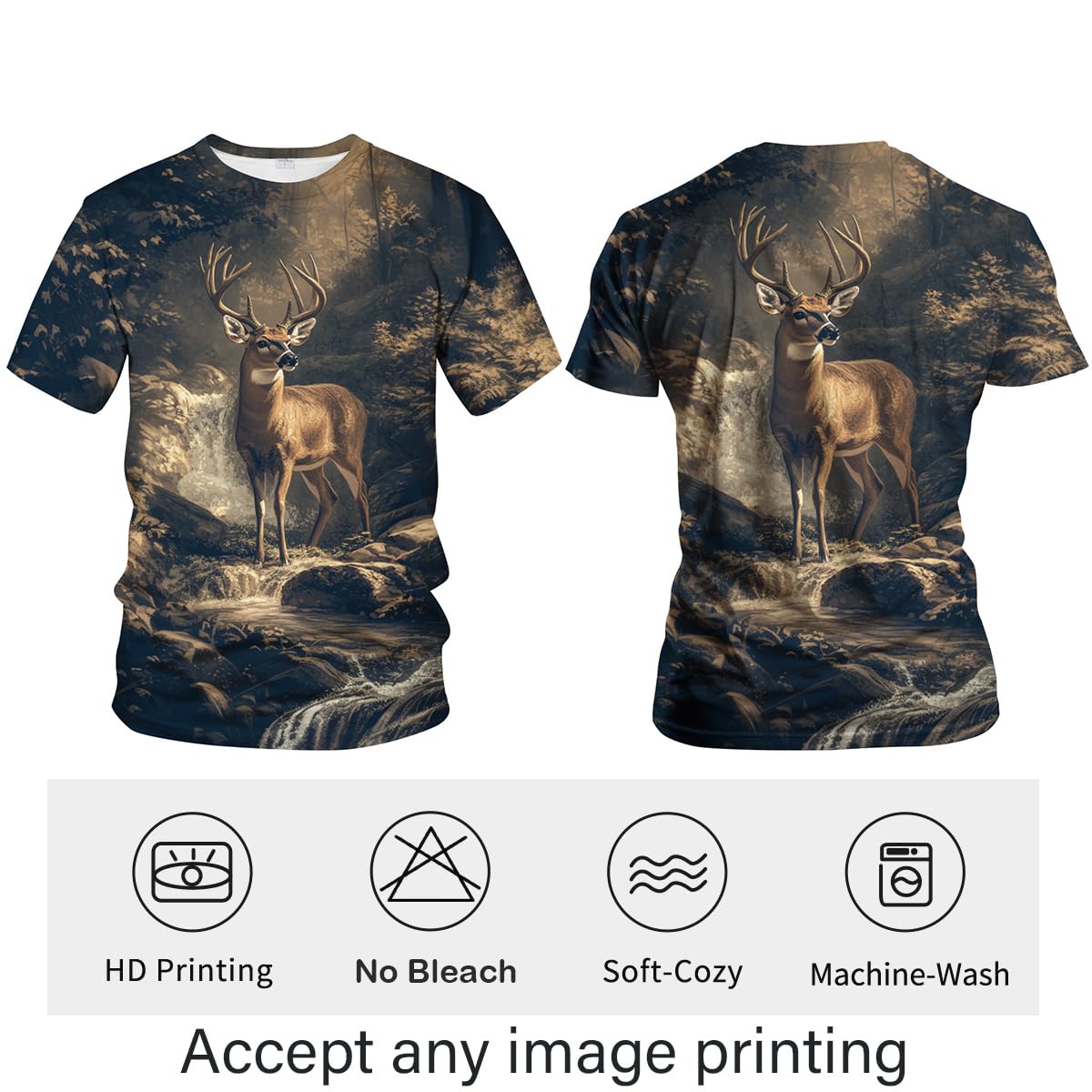 Rebaike Men's Deer Print T-Shirt Forest Buck Hunting Style Wildlife Tee Shirt,Grey,L