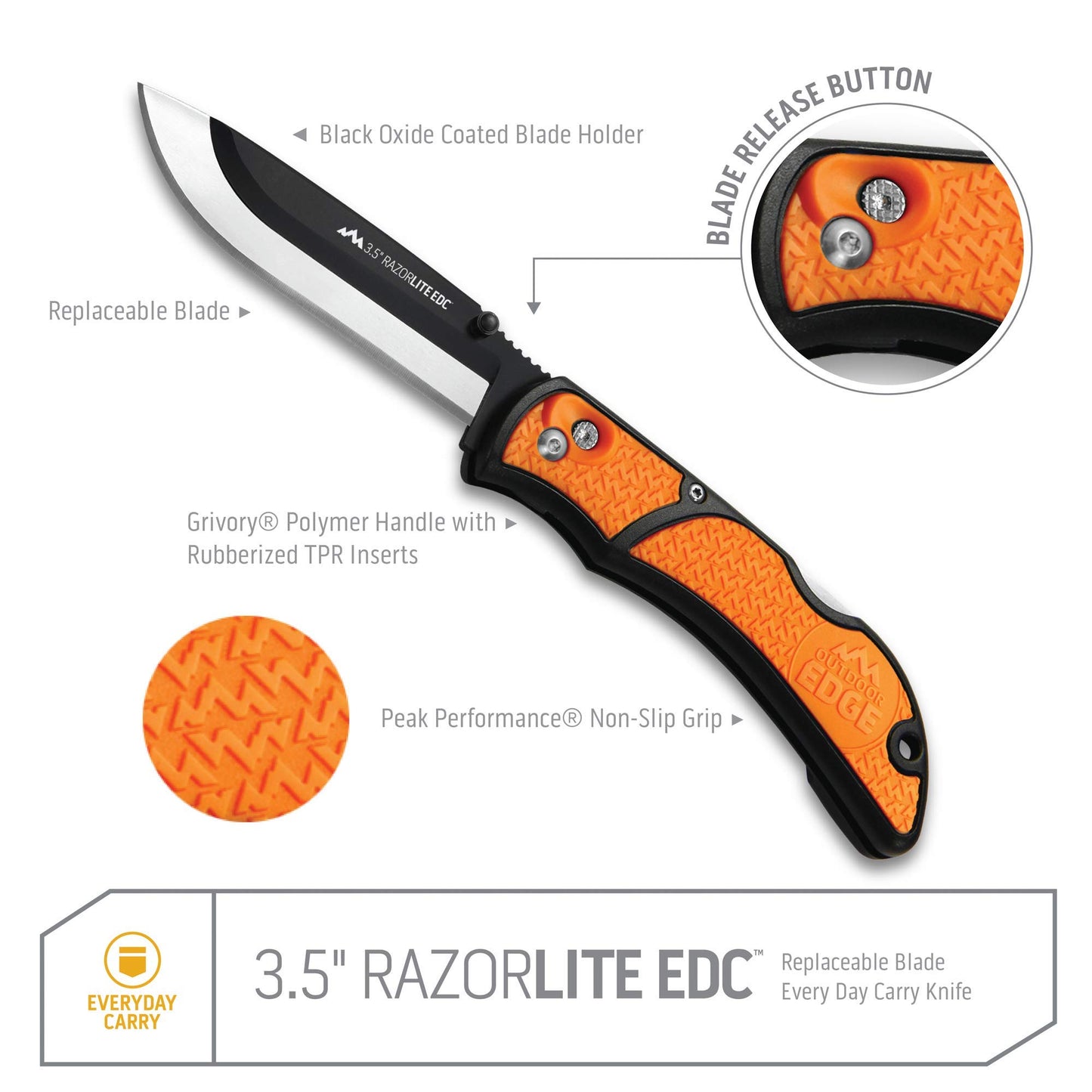 OUTDOOR EDGE 3.5" RazorLite EDC Knife. Pocket Knife with Replaceable Blades and Clip. The Perfect Hunting Blade for Skinning Deer. Blaze Orange with 6 Blades