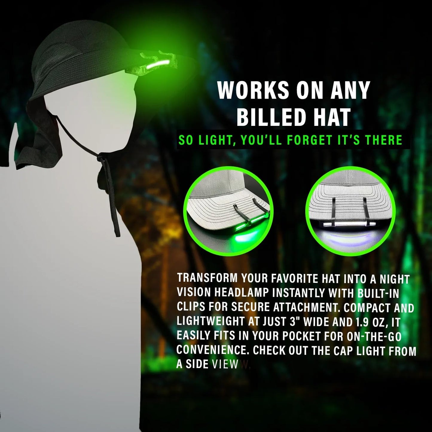 MODERN NEEDS Night Vision Cap Light –Compact, Clip-On Hat Flashlight Powered by AAA | Dual LED Modes for Camping & Hunting | Lightweight Hat Flashlight for Billed Hats Suitable for Outdoor use Camo