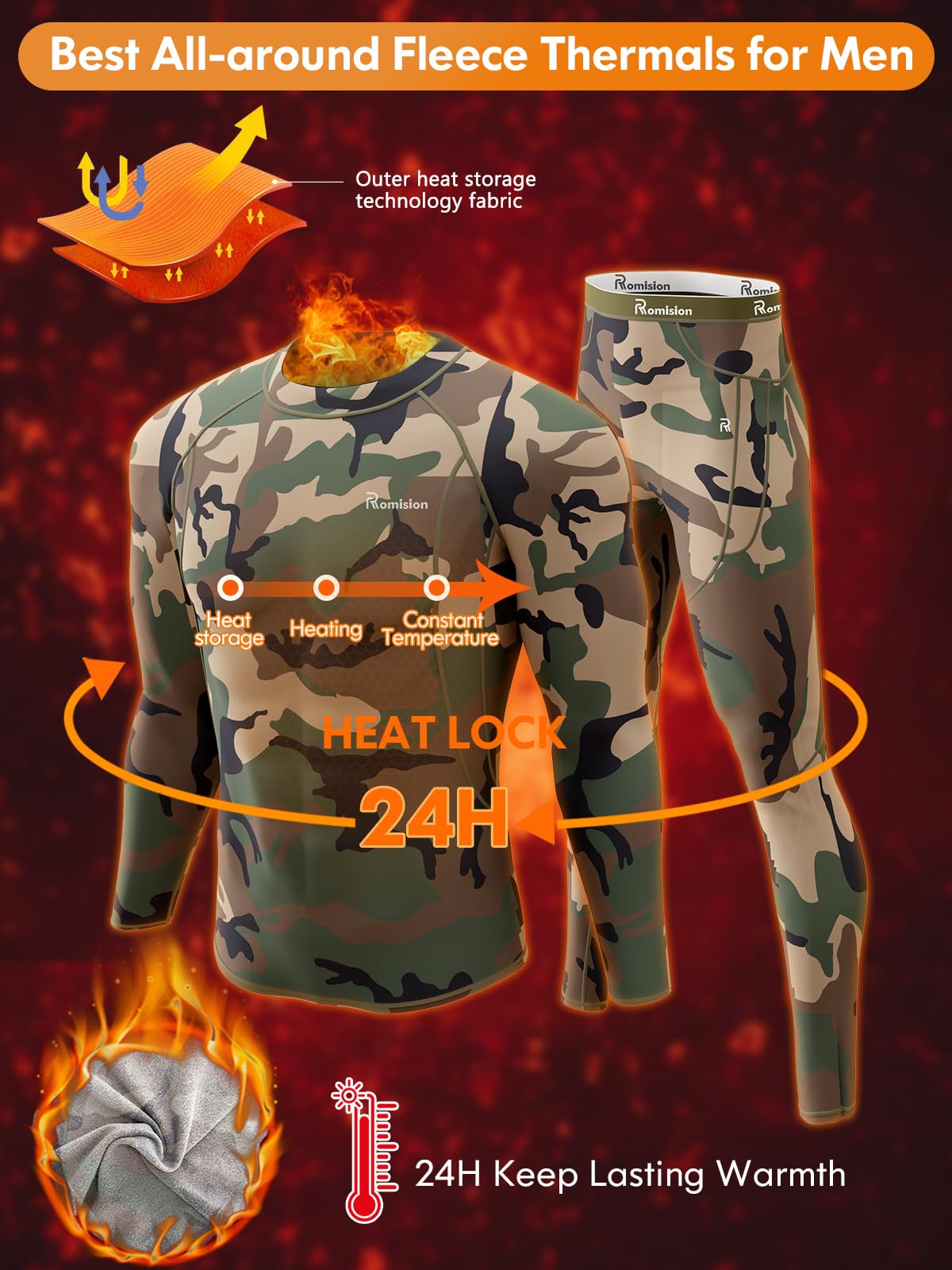 romision Thermal Underwear Long Johns for Men Fleece Lined Base Layer Cold Weather Hunting Gear Bottom and Top Set
