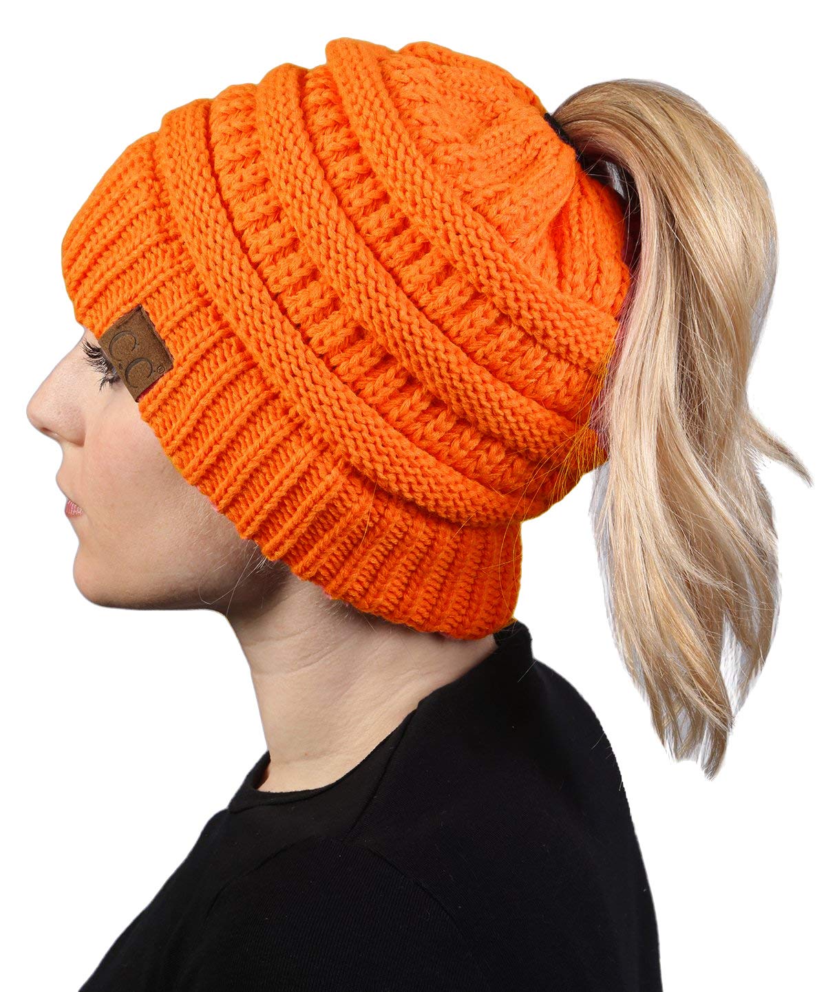 Funky Junque Ponytail Beanie for Women – Ponyback Winter Hat with Soft Stretch Cable Knit, High Pony Messy Bun Hats for Running and Cold Weather Activities - Neon Orange