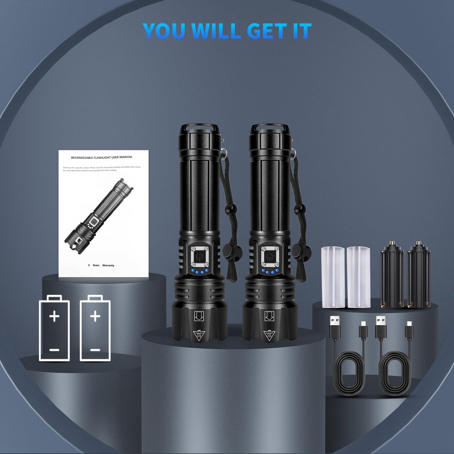 Rechargeable Led Flashlights High Lumens 2Pack, 99,000 Lumen Super Bright Flashlight with 5 Modes & 15H Long Runtime, Powerful Waterproof Handheld Flash Light for Home Camping