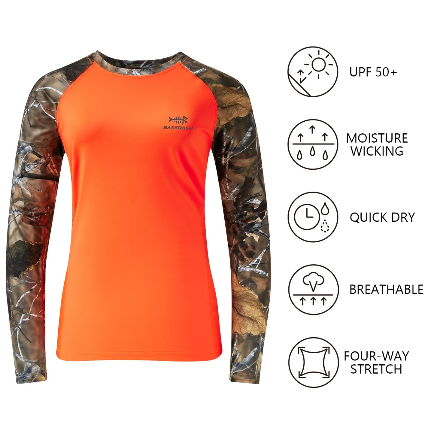 BASSDASH Women’s Camo Hunting Shirt Long Sleeve UPF 50+ Sun Protection Performance Tee Fishing Hiking
