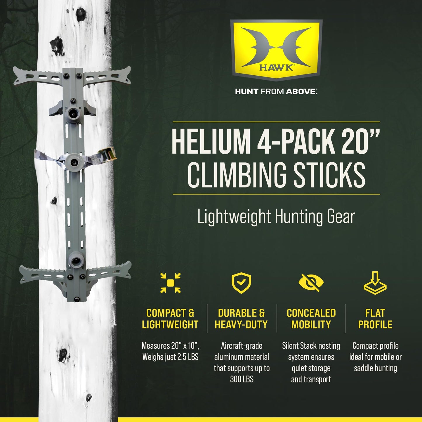 Hawk 4-Pack Lightweight Non-Slip Aluminum Climbing Sticks, Tree Stand Hunting Gear, 20" - Portable Safety Accessories and Equipment for Mobile Deer Hunters, Climbers, and Shooters