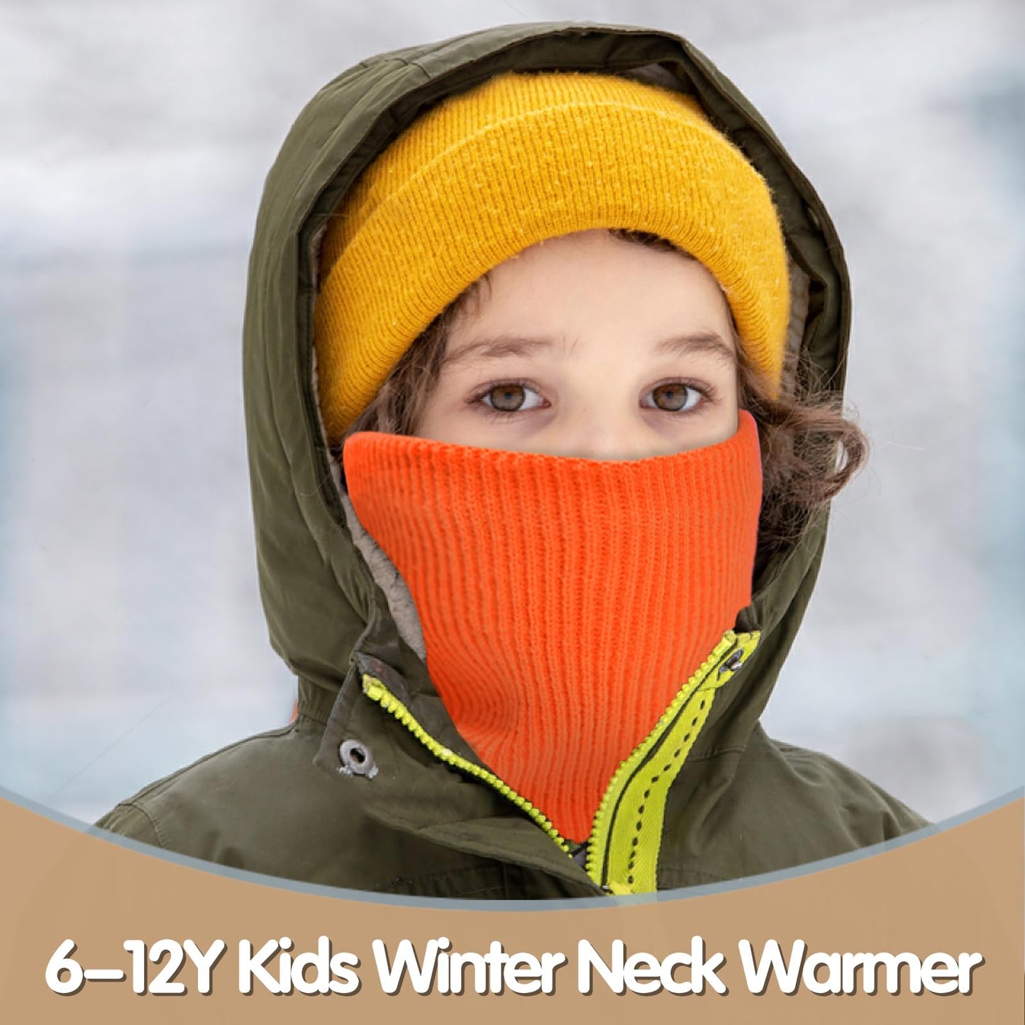 Kids Neck Warmer Winter Neck Gaiters Knitted Infinity Scarf for Boys Girls Fleece Lined Ski Mask for Cold Weather (Black, Orange)