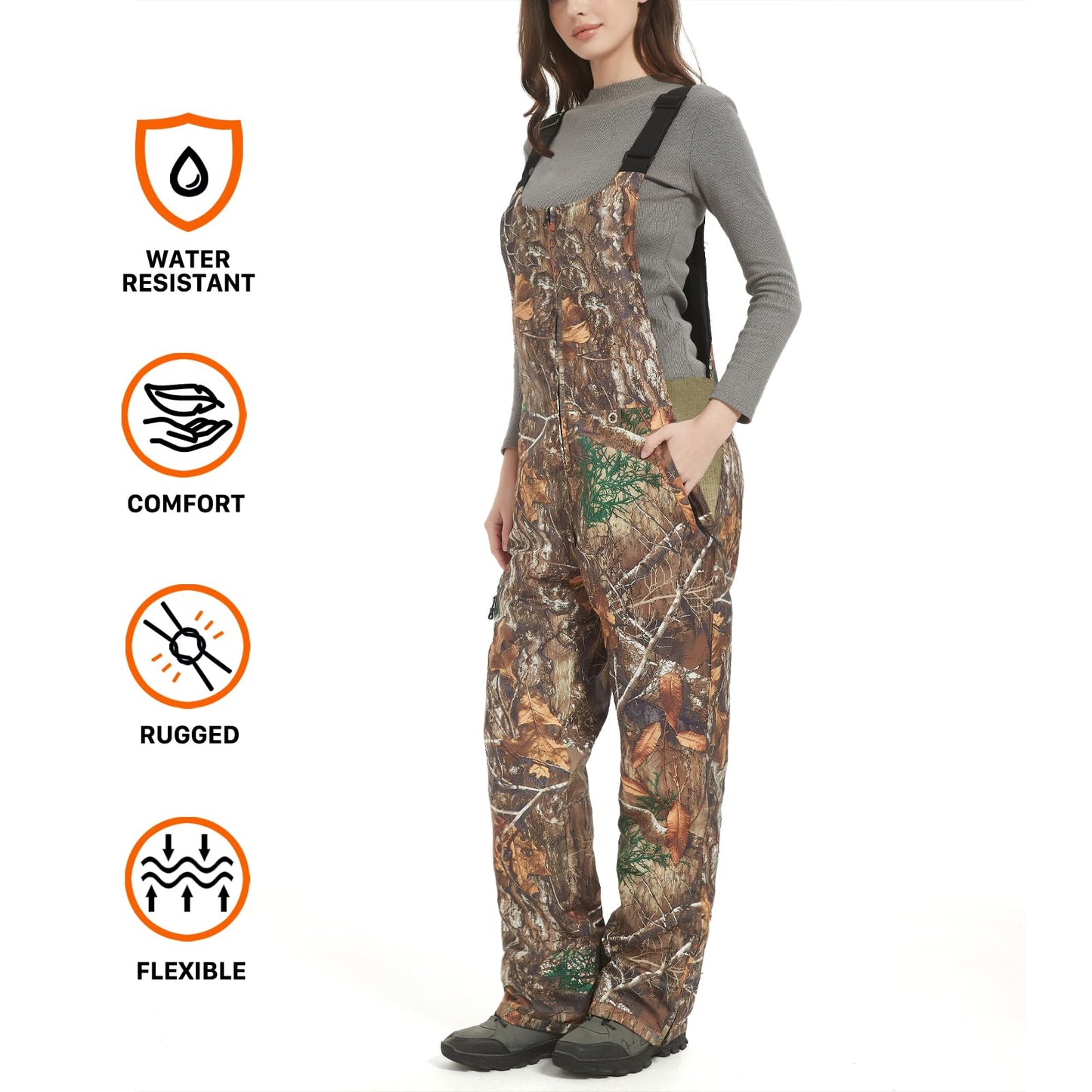 WUSTENKATZE Women's Waterproof Heated Insulated Bib Overalls with Battery Pack, Camo, XX-Large
