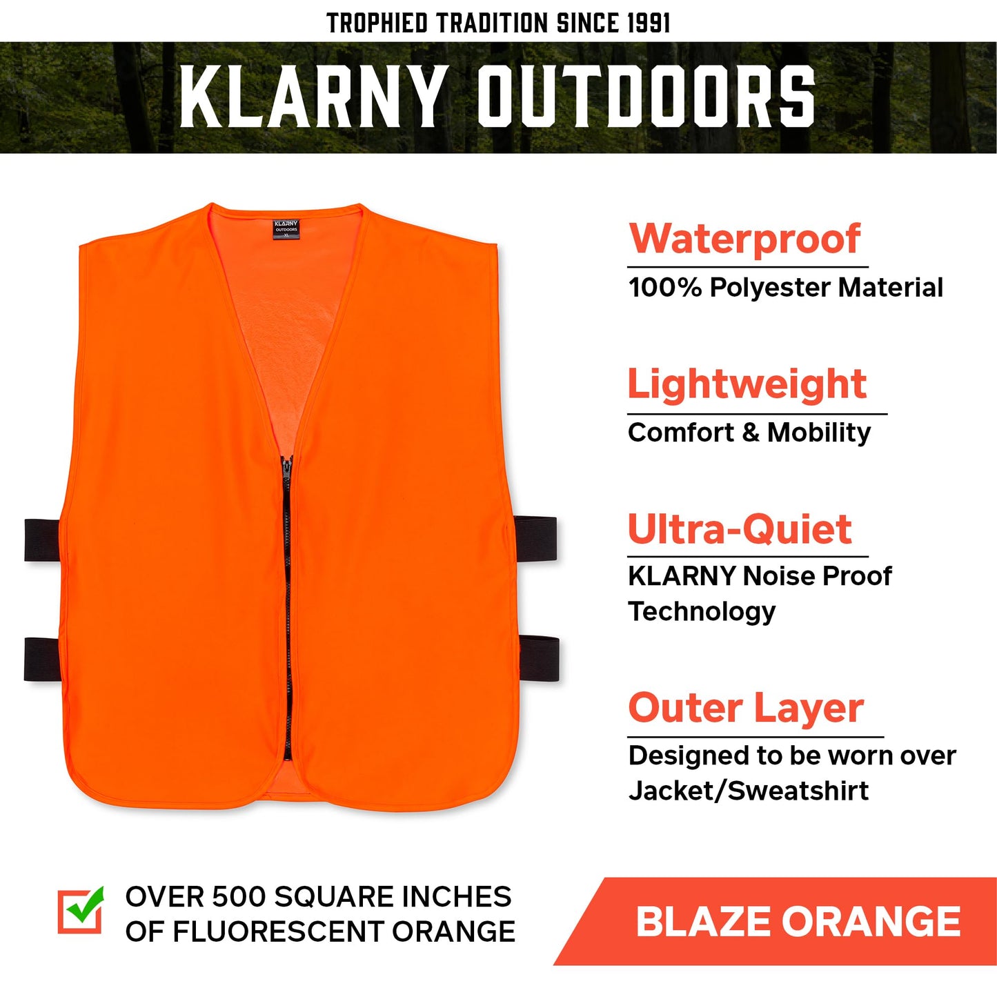 Klarny Blaze Orange Vest - High Visibility, Waterproof, Ultra-Quiet Deer and Bow Hunting Gear | Orange Safety Vest Essential Hunting Accessories, Size L