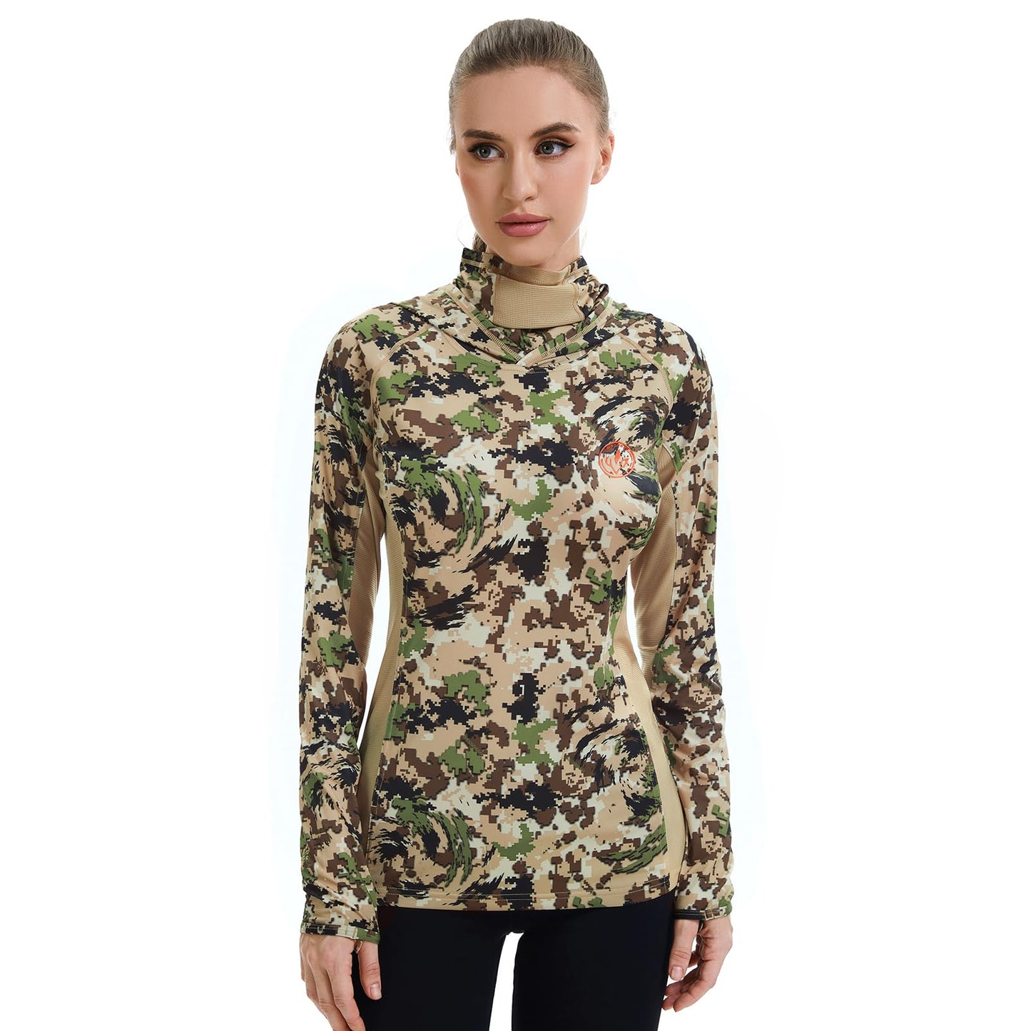 BASSDASH Women's UPF 50+ Camo Hunting Hoodie with Neck Gaiter Breathable Performance Long Sleeve Fishing Hooded Tee FS03W