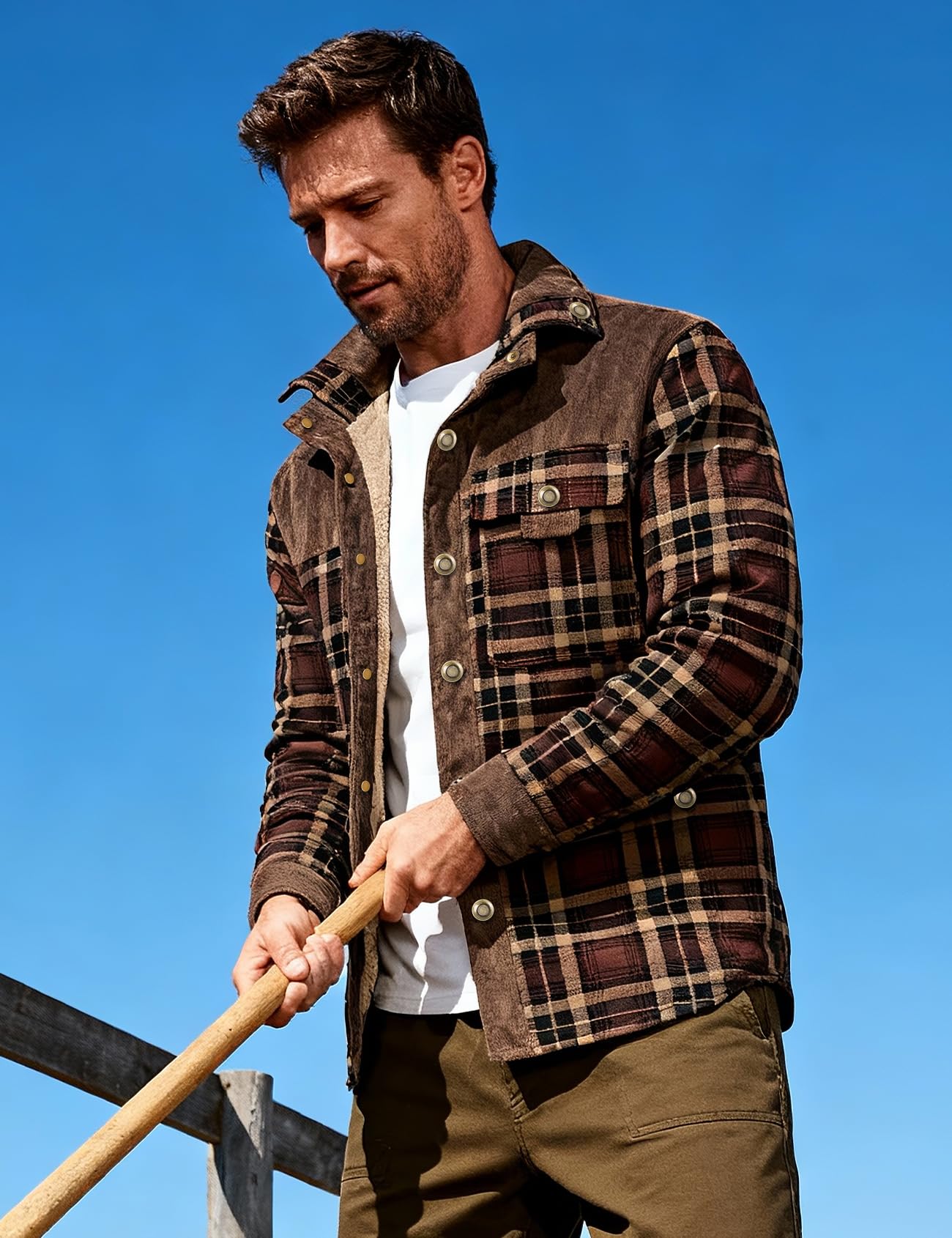 Flygo Men's Outdoor Casual Camp Fleece Sherpa Lined Flannel Plaid Shirt Jacket(Coffee-L)