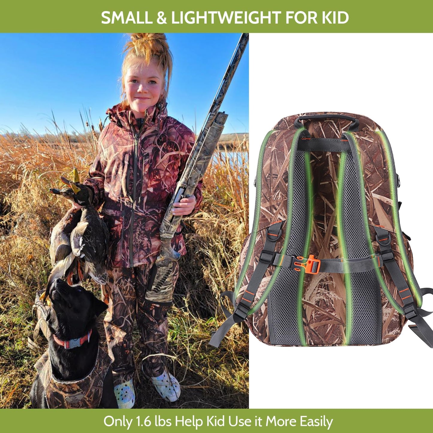 Wild Cedar 30L Kids Camo Hunting Backpack with 11 Pockets, Small Lightweight Hunting Bag for Youth, Men Water Resistant Day Pack for Boys & Girls, Travel, Hiking, Camping