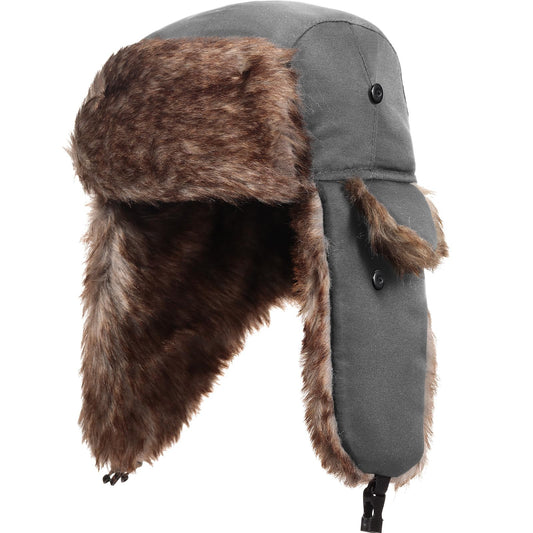 SATINIOR 1 Piece Unisex Trapper Hat with Chin Strap Faux Fur Earflaps Hat Winter Hunting Hats Warm Hat for Women Men (Grey)