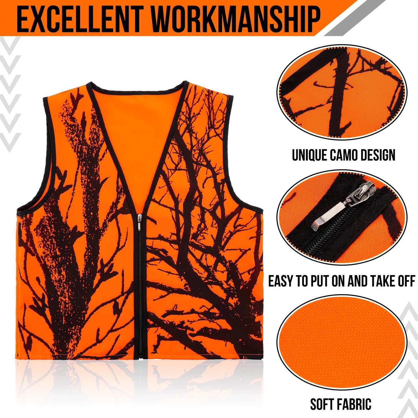 Berlune 2 Pcs Kids Hunting Vest & Beanie Set Reflective Hunting Clothes Blaze Vests for Night Hiking Outdoor(Orange,M,Pattern Style)