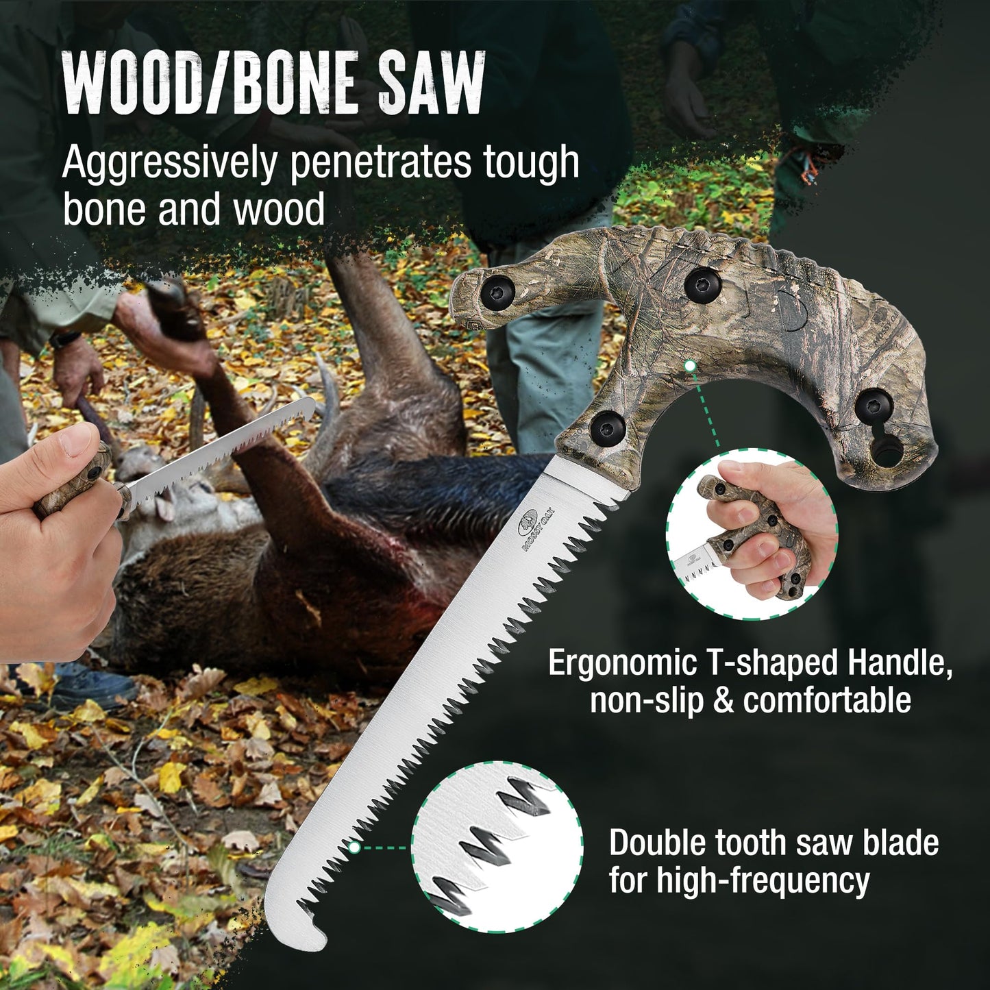 Mossy Oak Field Dressing Kit, 4 Pcs Camouflage Hunting Knife Set with Sheath, Gut-Hook Skinner, Caping Knife, Wood/Bone Saw, Knife Sharpener, for Deer Hunting, Camping, Perfect Hunting Gifts for Men