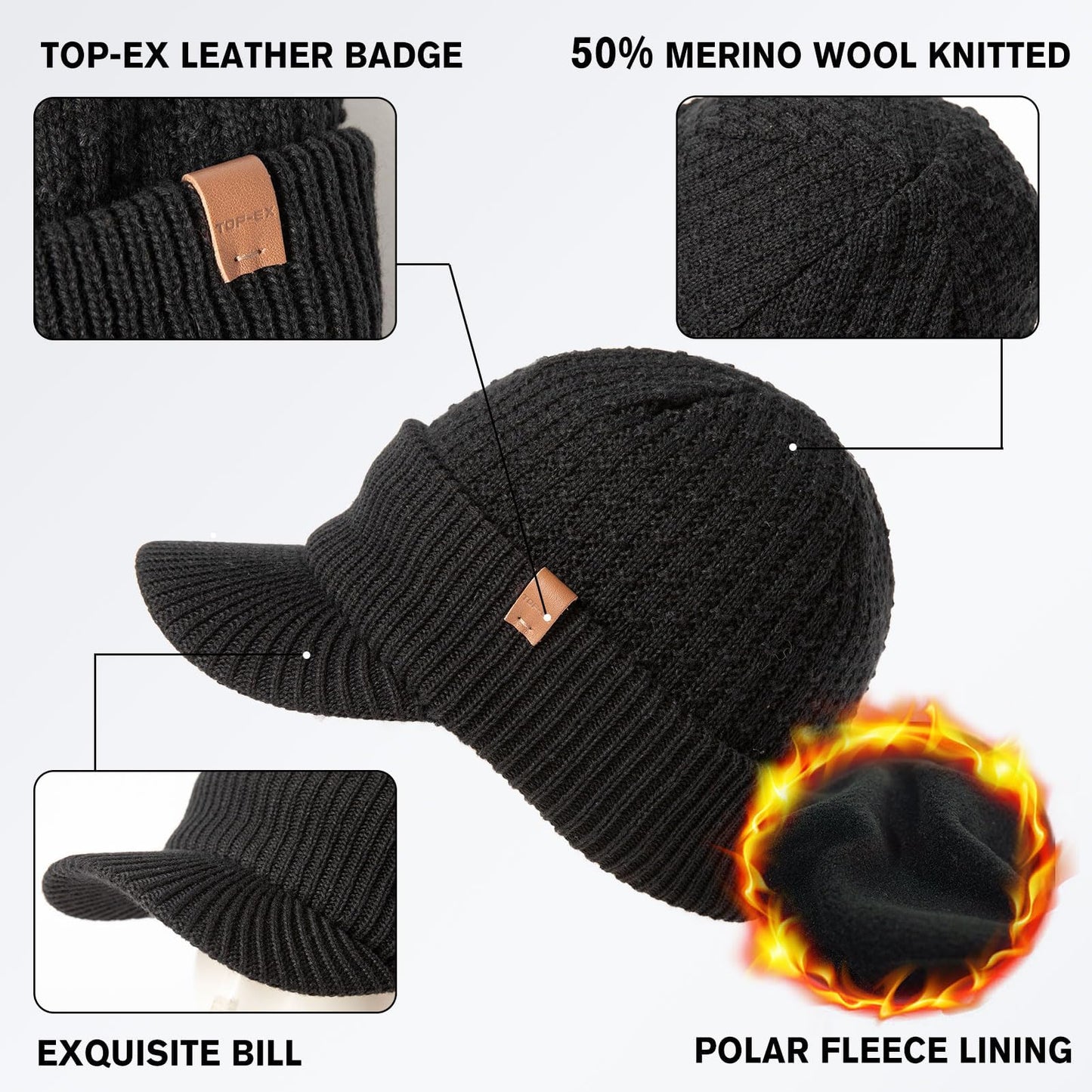 TOP-EX Waterproof Visor Beanie Hat for Men Women Winter Knit Cap with Brim, Merino Wool Fleece Lined Waterproof Headwear for Cold Weather Oversize X-Large Big Head Black XL/XXL