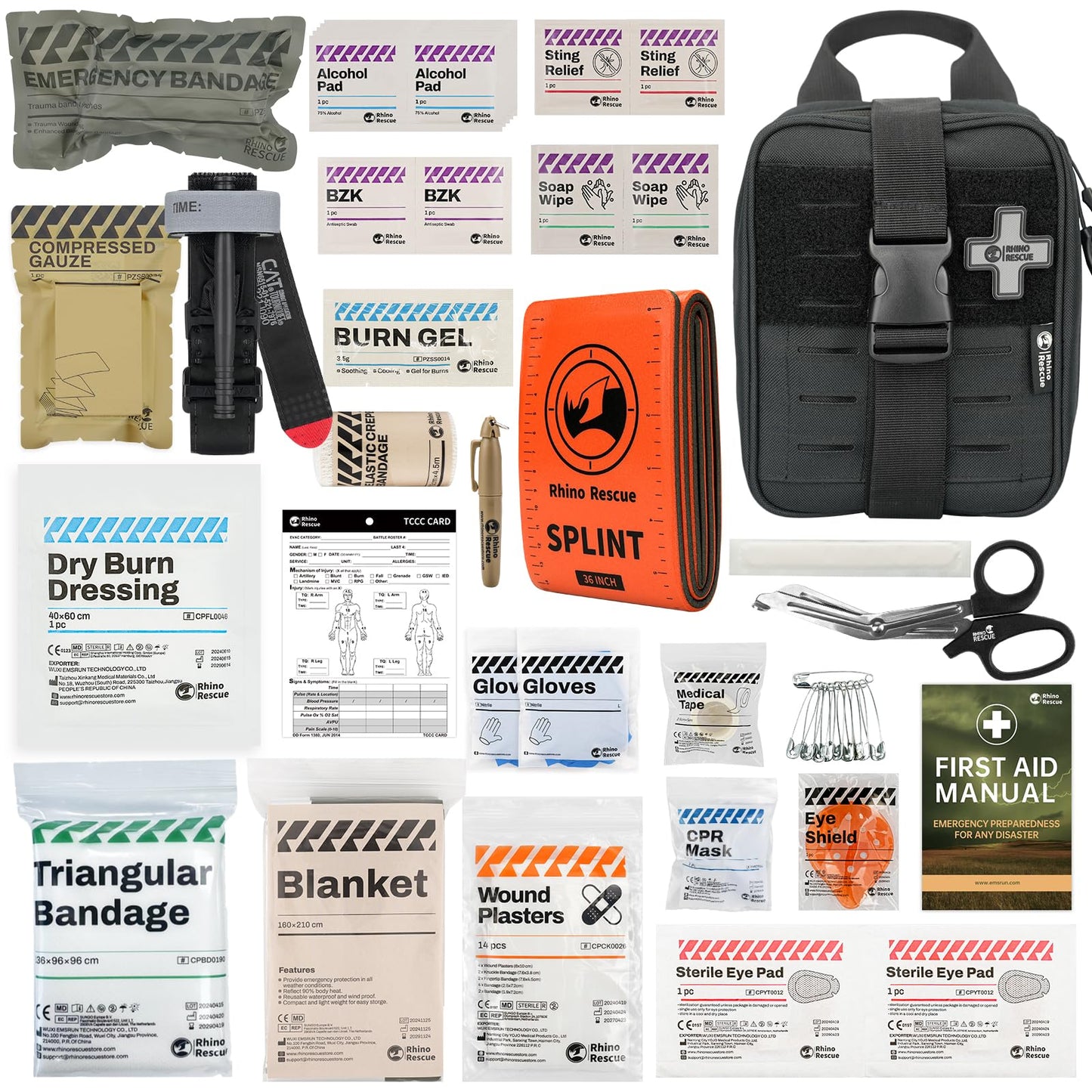 RHINO RESCUE IFAK Trauma Kit with C-A-T Tourniquet for Wound Care, Tactical First Aid Kit Molle Pouch for Military, Combat, Car, Camping, Hiking, Travel (Black)