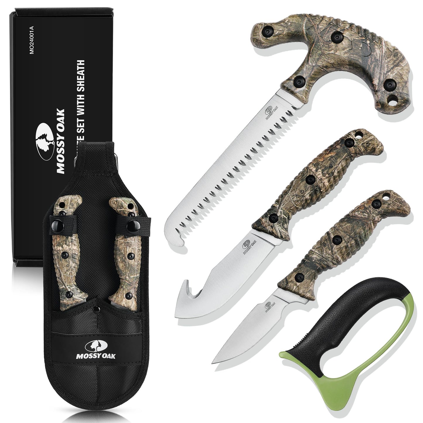 Mossy Oak Field Dressing Kit, 4 Pcs Camouflage Hunting Knife Set with Sheath, Gut-Hook Skinner, Caping Knife, Wood/Bone Saw, Knife Sharpener, for Deer Hunting, Camping, Perfect Hunting Gifts for Men