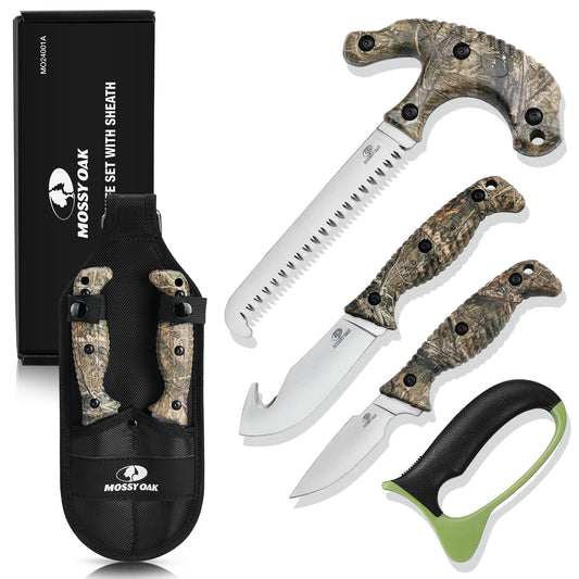 Mossy Oak Field Dressing Kit, 4 Pcs Camouflage Hunting Knife Set with Sheath, Gut-Hook Skinner, Caping Knife, Wood/Bone Saw, Knife Sharpener, for Deer Hunting, Camping, Perfect Hunting Gifts for Men