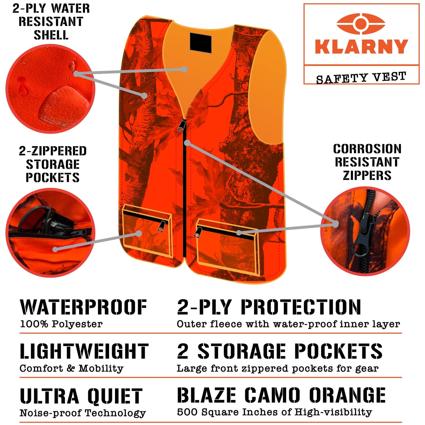 Klarny Outdoors Camo Orange Hunting Vest with Pockets - High Visibility, Waterproof, Ultra-Quiet Deer and Bow Gear Accessories, Size XL