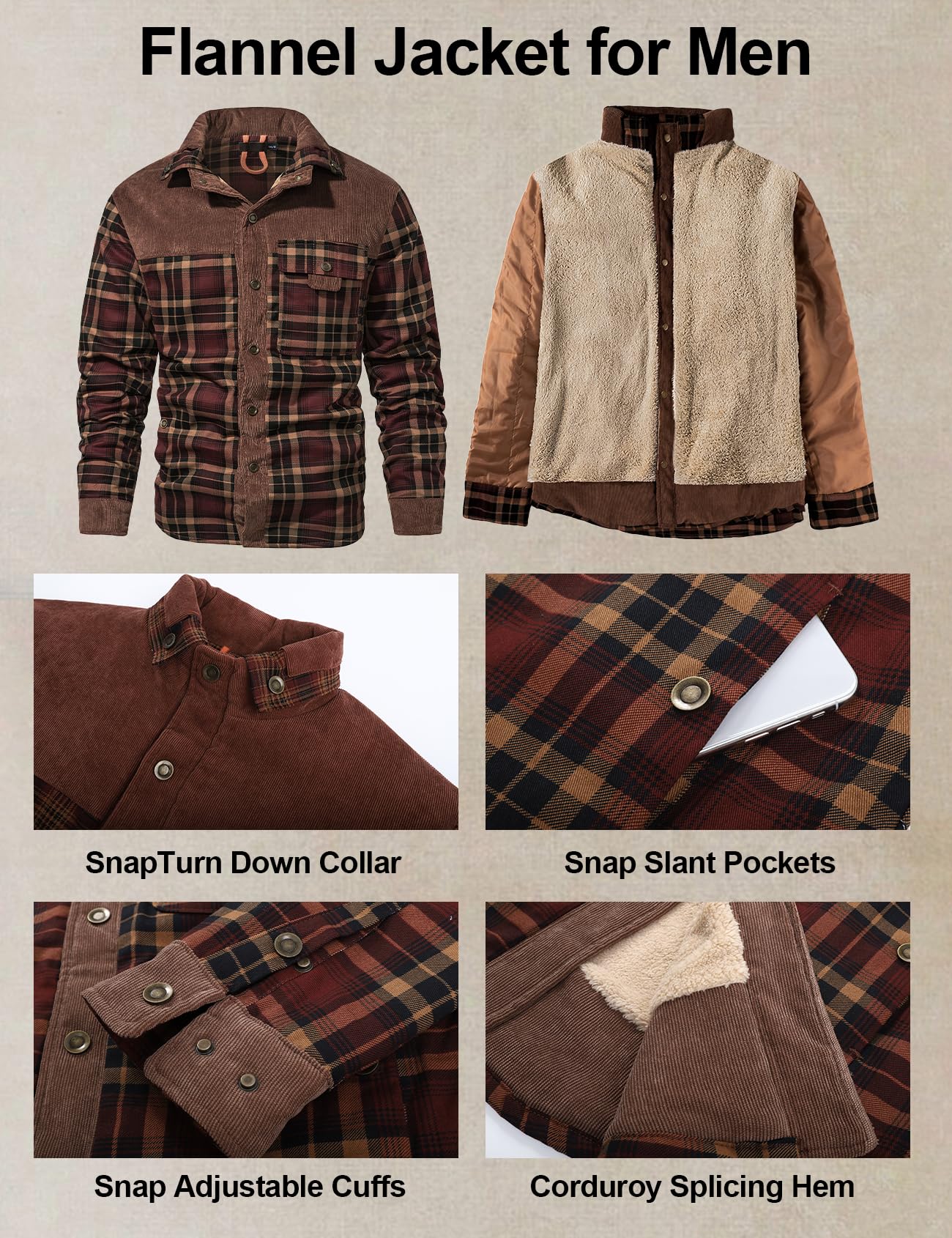 Flygo Men's Outdoor Casual Camp Fleece Sherpa Lined Flannel Plaid Shirt Jacket(Coffee-L)