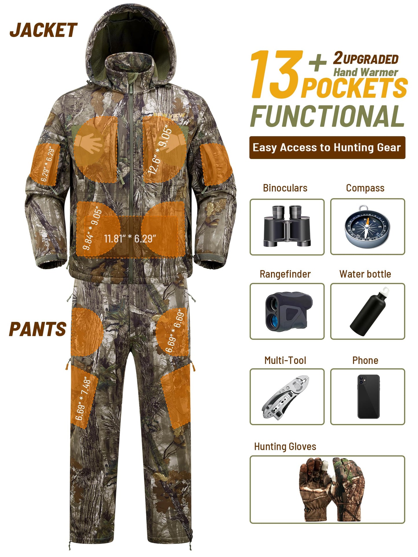 NEW VIEW Camo Hunting Clothes for Men, Quiet Warm Fleece Lining, Cold Weather Deer Hunting Jacket and Pants with Face Mask