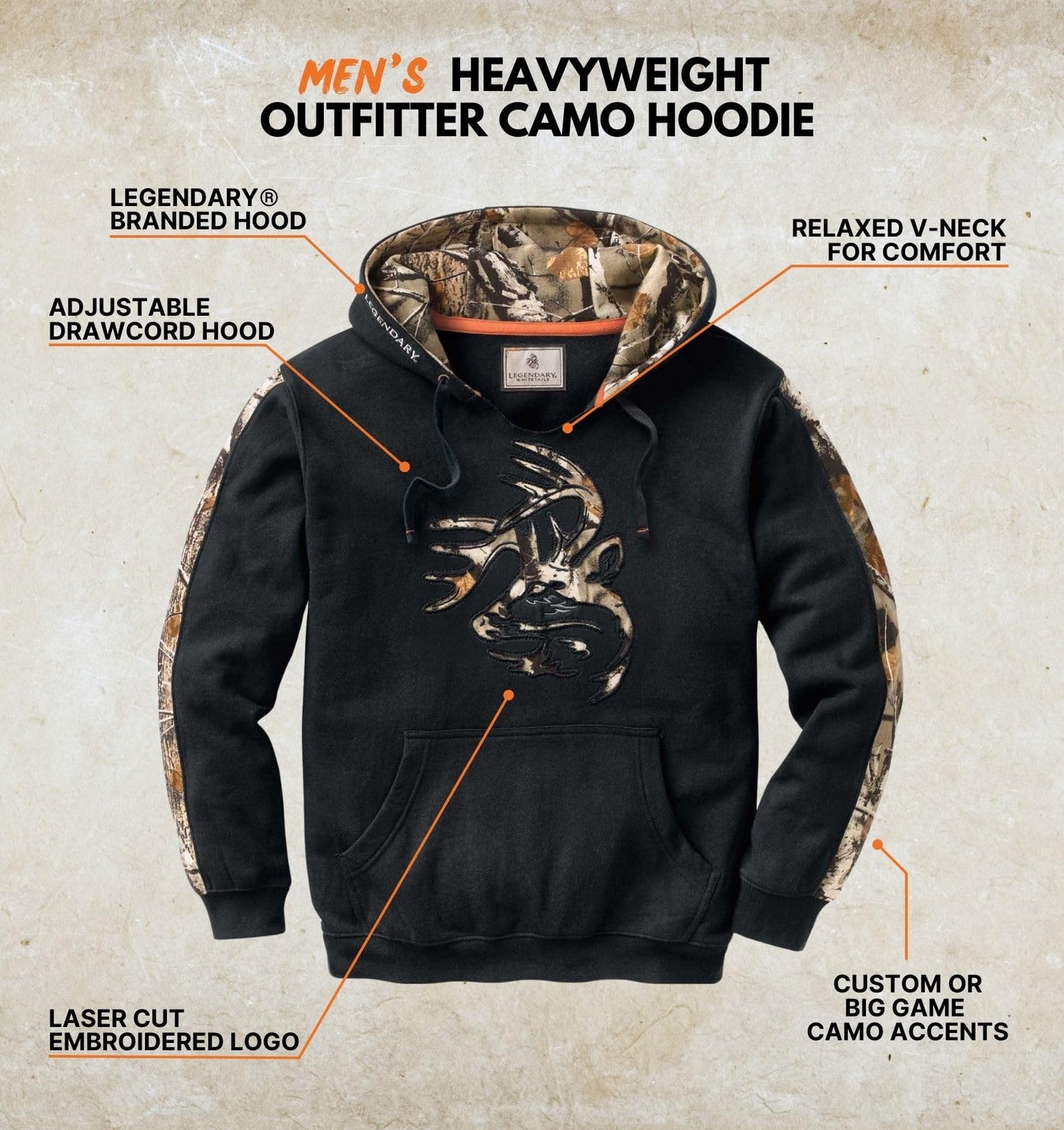 Legendary Whitetails Mens Camo Hoodie Pullover Sweatshirt Midweight V-Neck Design, Onyx, XL
