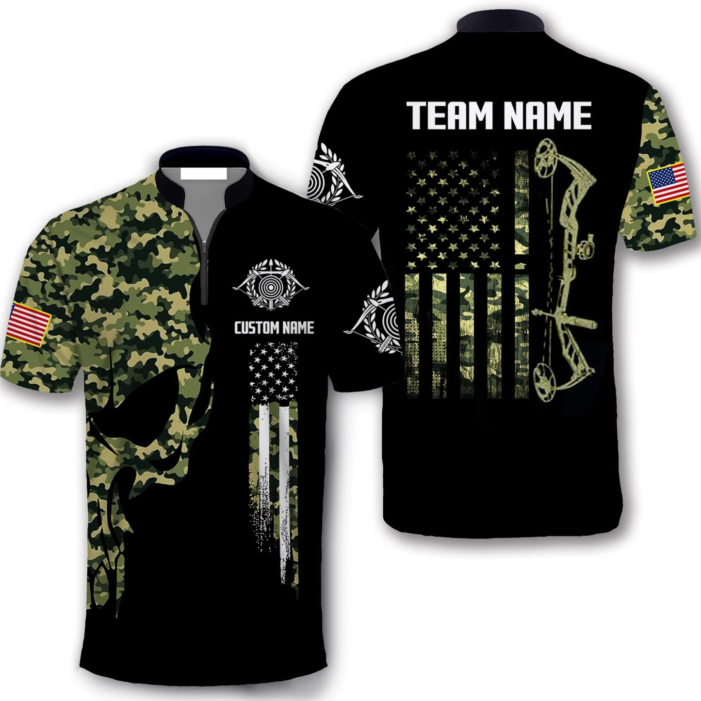 Custom Skull Camo Bowhunting Bow Archery Shirt, Personalized Name and Team Name Archery Jersey Shirt, Bow Hunting Archery Polo Shirts 3D