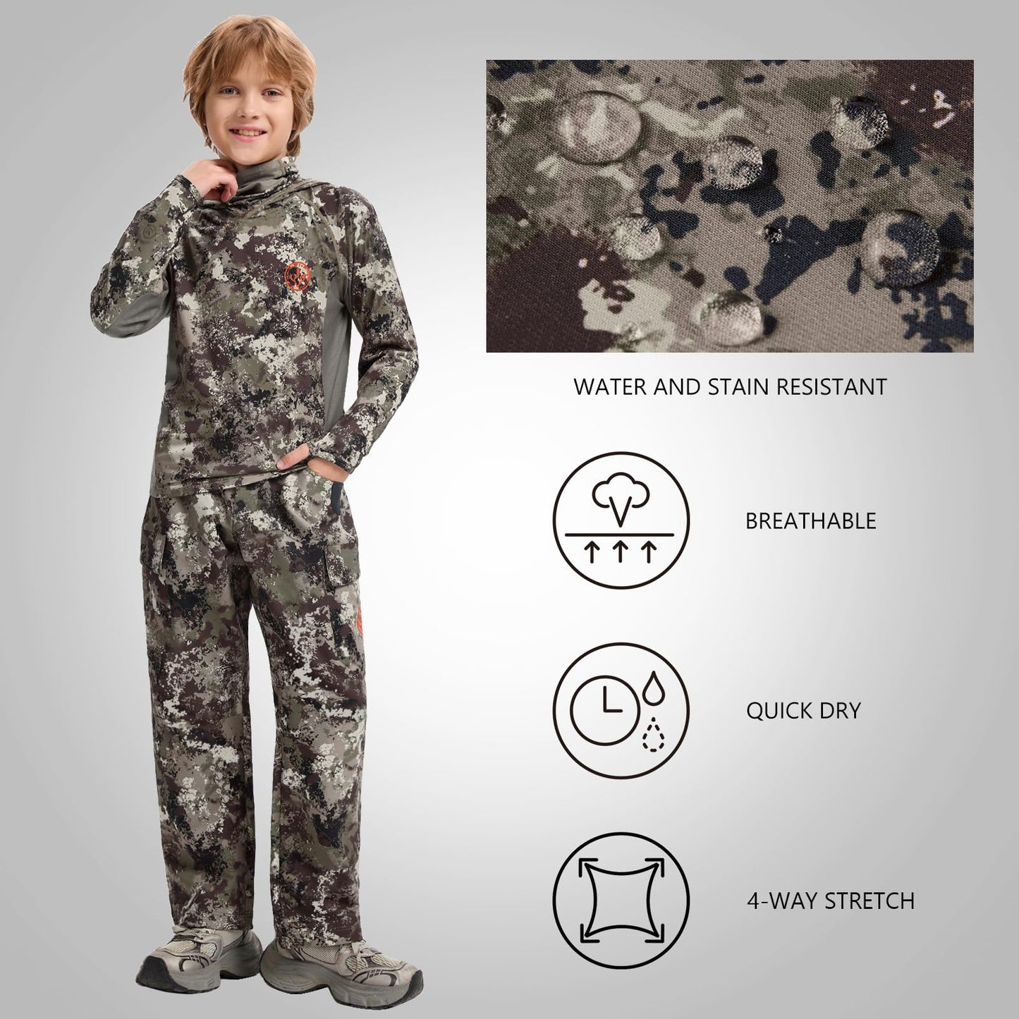 BASSDASH Invis Kid’s Youth Stretch Hunting Pants Water Resistant Breathable Camo Cargo Fishing Pant