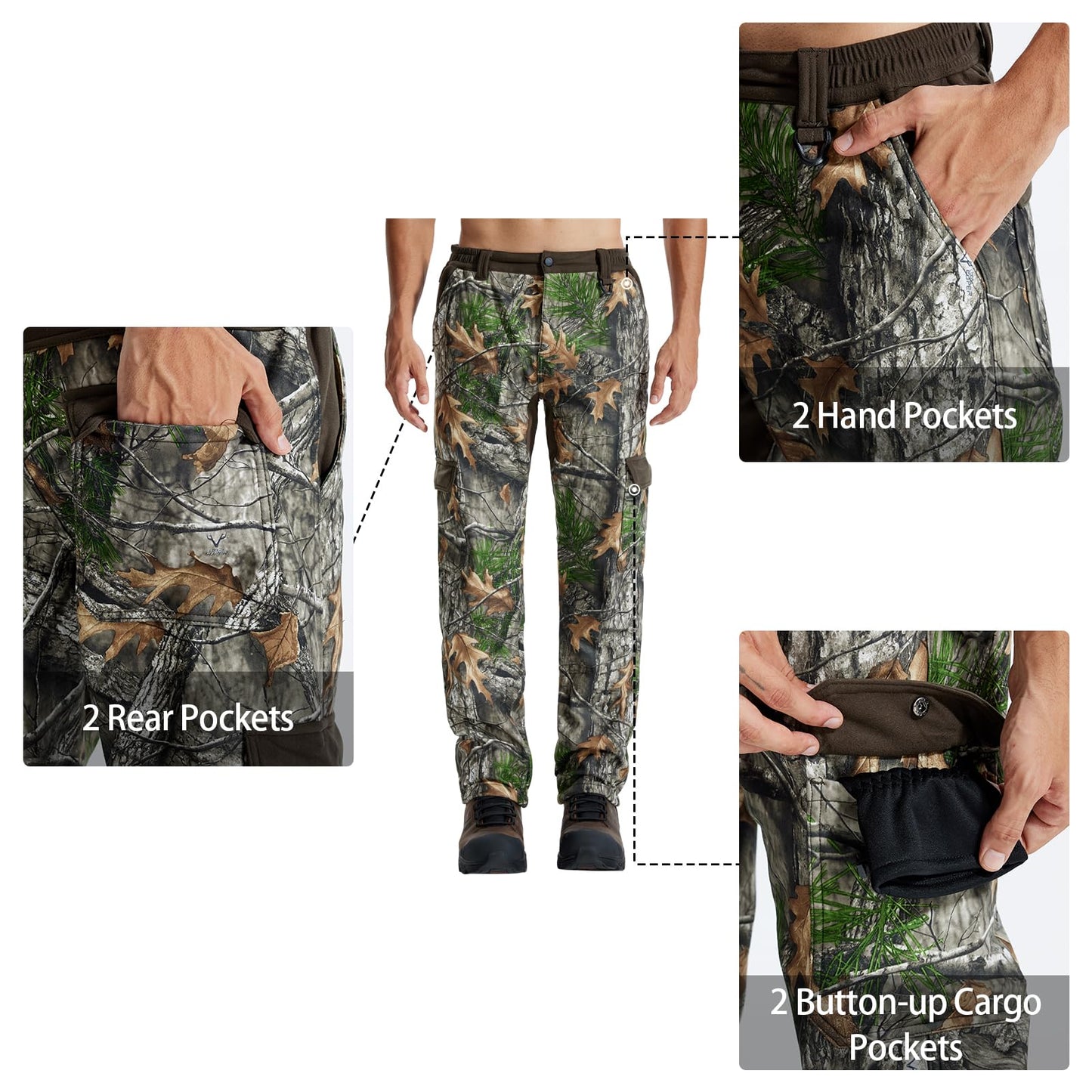 LOOGU Men's Fleece Lined Insulation Camo Hunting Pants Windproof Water-Resistant Softshell Hunting Pants for Men with 6 Pockets