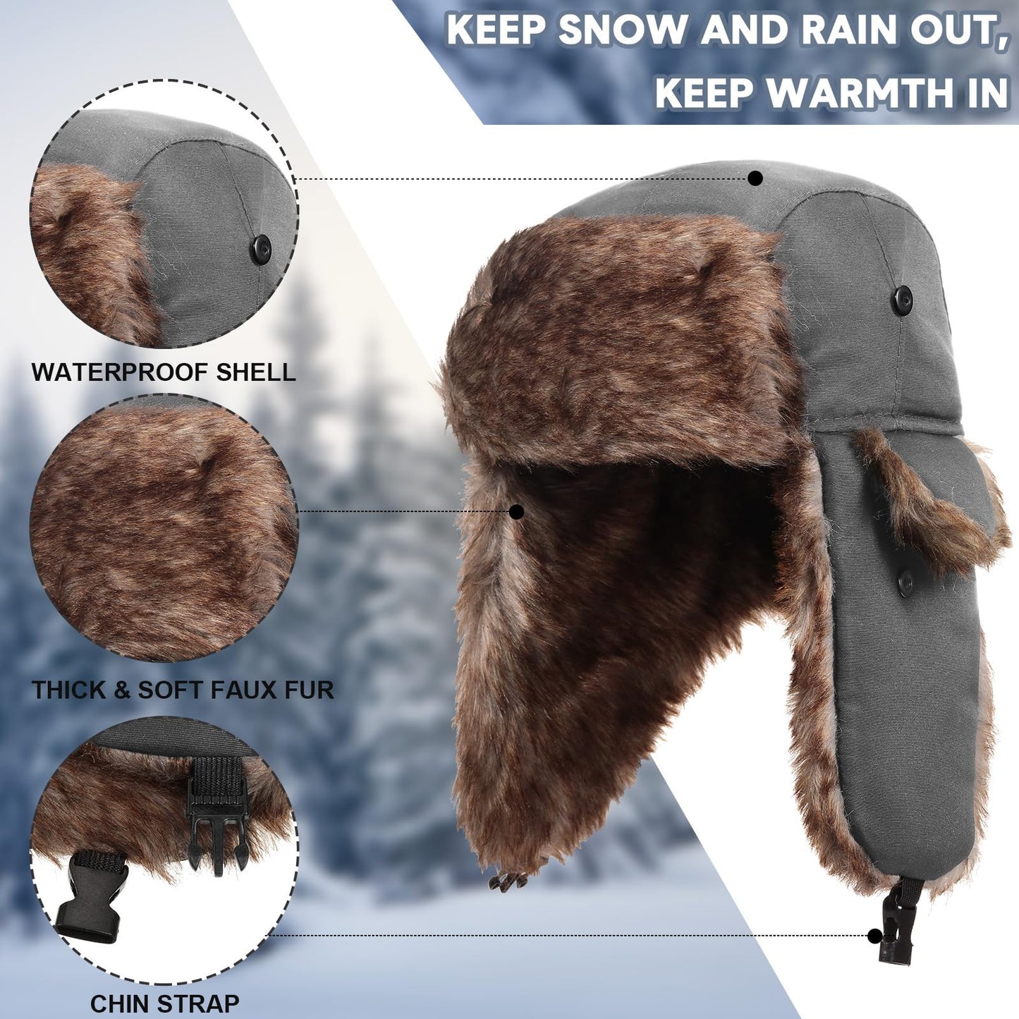 SATINIOR 1 Piece Unisex Trapper Hat with Chin Strap Faux Fur Earflaps Hat Winter Hunting Hats Warm Hat for Women Men (Grey)
