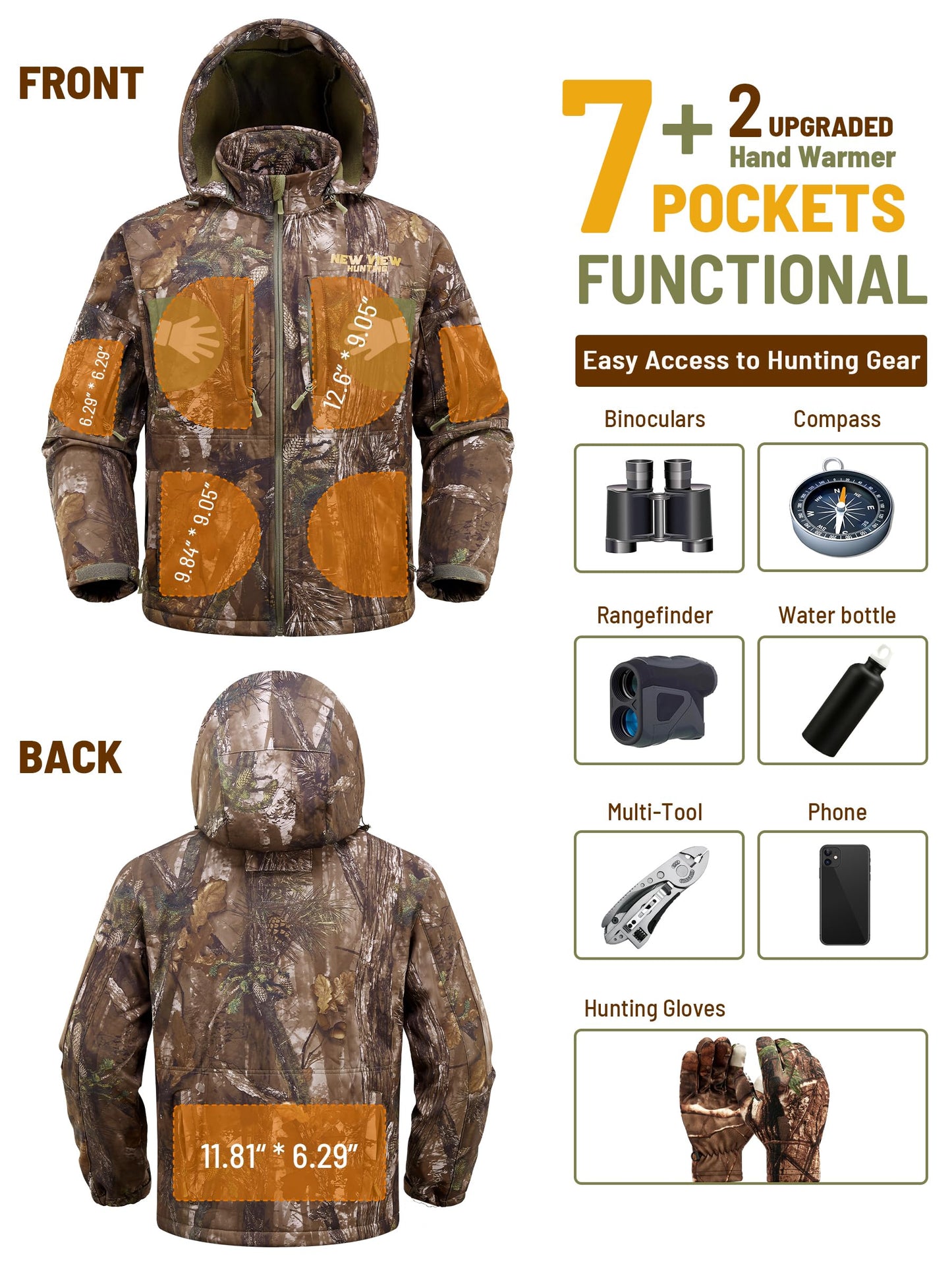 NEW VIEW Camo Hunting Jackets for Men, Warm Fleece Lined Hunting Jacket with Hood, Quiet Water Resistant Hunting Clothes, Nv Camo Tree, Large