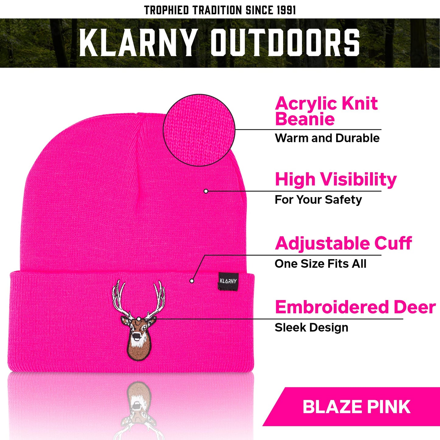 Klarny Pink Hunting Hat - High Visibility Beanie, Comfortable, Stretchy Knit Hunter Hat - Deer & Bow Hunting Gear, Safety Accessories for Men, Women & Kids - One Size